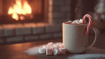 Cozy hot chocolate with marshmallows and candy cane by a warm fireplace