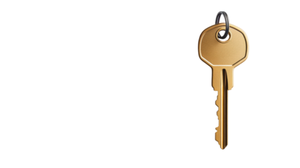 Brass key on transparent background, isolated image