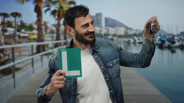 Hispanic man with beard holding car keys and a learner sign stands at a port with boats and ships in the background.