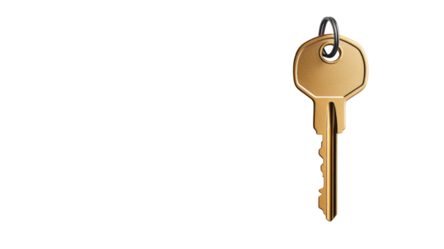 Brass key on transparent background, isolated image