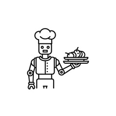 Outlined Robot Chef Holding Plate of Food, Wearing Chef Hat, Serving Dish.