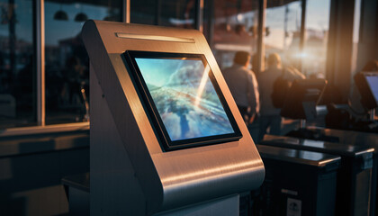 Digital device on an airport window view displaying a travel map for business navigation