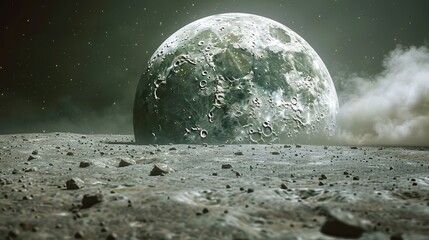 The moon's surface is vast, showcasing craters and rocky terrain beneath a bright glow