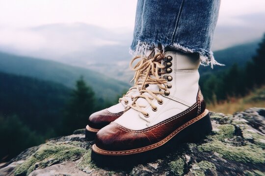 Stylish hiking boots stand on rocky terrain, surrounded by misty mountains - Powered by Adobe