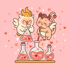 Love Potion Alchemists-Cute kawaii-style illustration featuring two adorable fantasy creatures mixing a magical love potion in a whimsical laboratory. Editable Strokes 