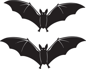 Two silhouetted black bats with outstretched wings in flight against a white background creating a spooky and mysterious halloween or gothic aesthetic