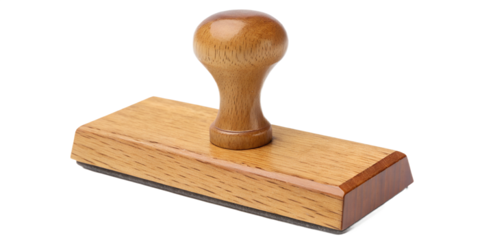 Single craft stamp block, wooden base with rubber design on top, isolated on transparent background