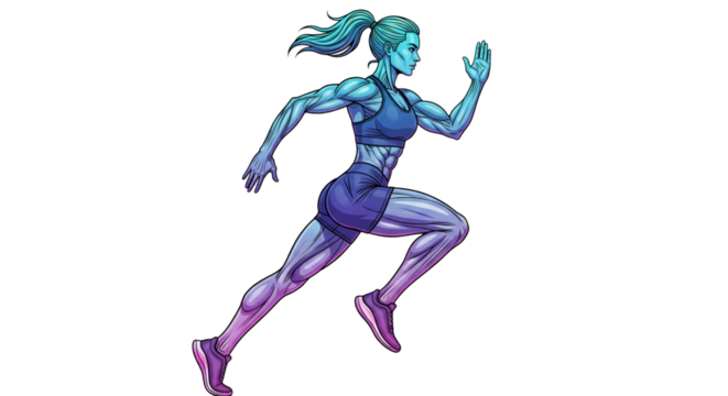 Muscular woman running isolated on transparent background, fitness and healthy lifestyle