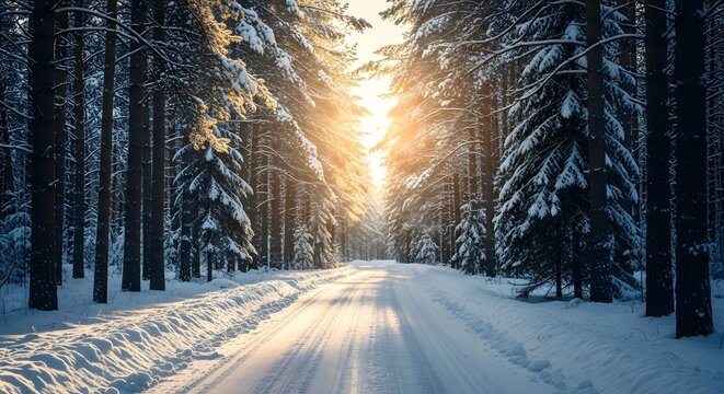 Sunlight streams through snow covered pine trees onto a winter forest road