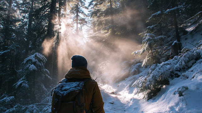 Hiker Walking Snowy Forest Trail in Cold Air
