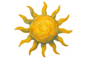 Stylized yellow sun drawing with swirling patterns, global warming and energy concept, transparent background
