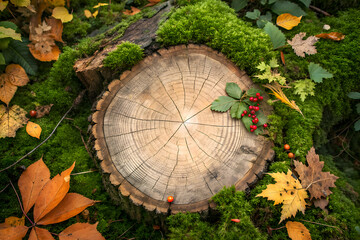 Fototapeta premium Autumn Forest Floor: Tree Stump, Green Moss, and Colorful Fall Leaves