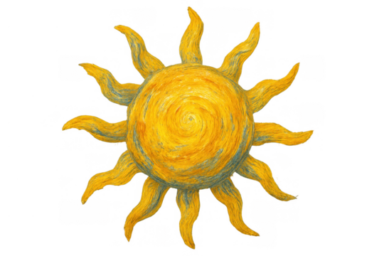 Stylized yellow sun drawing with swirling patterns, global warming and energy concept, transparent background