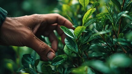 Outdoor, hand and person by bush of plants for sustainability, eco friendly or horticulture. Nature, garden and closeup of botanist touch green leaves for connection in park for ecology environment.