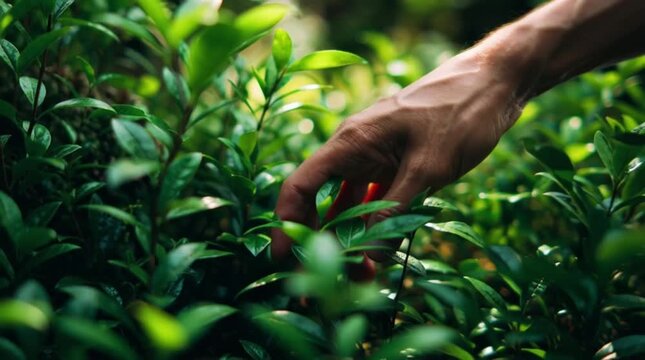Outdoor, hand and person by bush of plants for sustainability, eco friendly or horticulture. Nature, garden and closeup of botanist touch green leaves for connection in park for ecology environment.