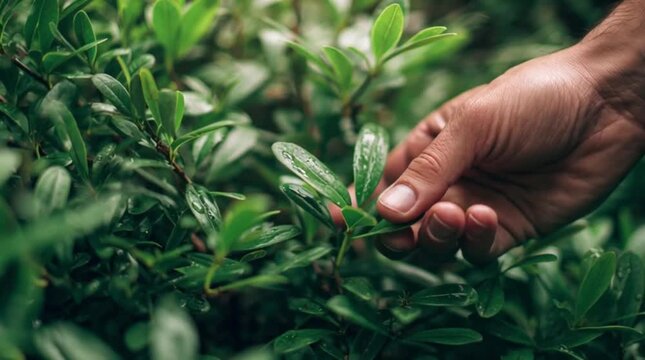 Outdoor, hand and person by bush of plants for sustainability, eco friendly or horticulture. Nature, garden and closeup of botanist touch green leaves for connection in park for ecology environment.