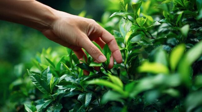 Outdoor, hand and person by bush of plants for sustainability, eco friendly or horticulture. Nature, garden and closeup of botanist touch green leaves for connection in park for ecology environment.
