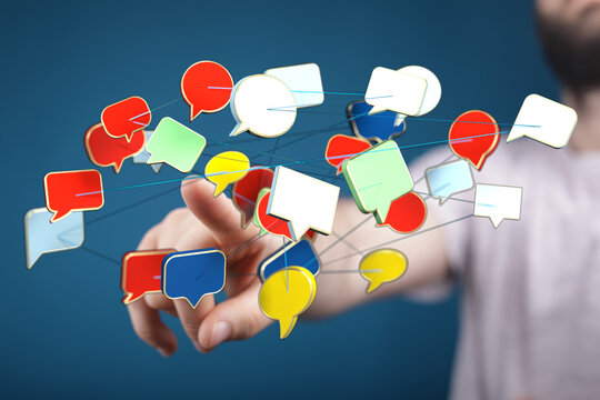 Abstract design with speech bubbles and finger touching floating network of messages. Communication, connection