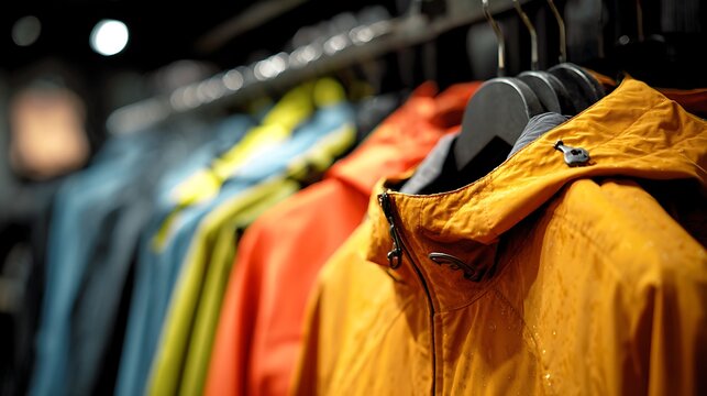 A close-up of a nylon windbreaker jacket hanging on a rack, highlighting its waterproof qualities and modern design .