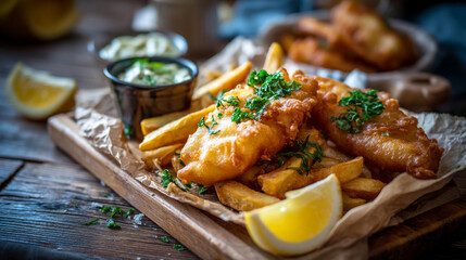 A close up shot of fish and chips with parsley and lemon on a wooden board with dipping sauce