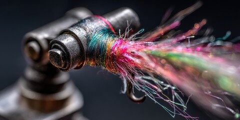 Colorful strands of thread emerge from a fishing lure, showcasing craftsmanship in an intricate tie for angling purposes