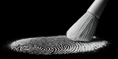Dusting a fingerprint with powder in a dark setting for forensic investigation and analysis