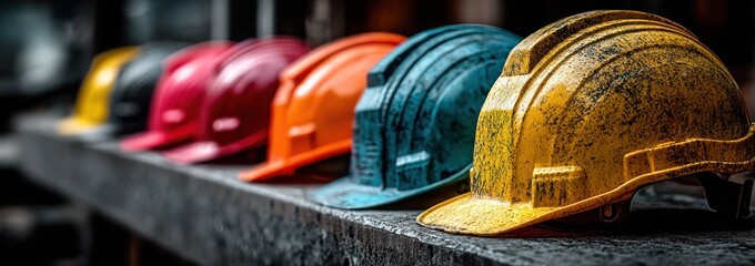 A row of construction helmets of different colors and sizes