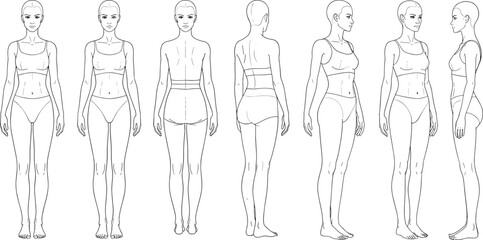 Set of female fashion croquis, woman with short hair in underwear, showing front, back, and side views, technical template.