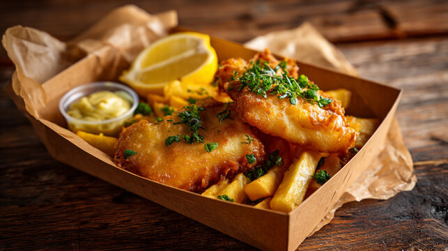 A take out container of fish and chips with lemon and sauce on a wooden table top surface close up