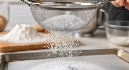 A person sifting flour through a sieve onto a tray in a kitchen, ideal for baking tutorial videos, cookbook step-by-step photos, and artisanal cooking blogs.