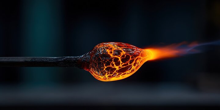 Glassblowing craft in action with glowing molten glass during the heating process in a workshop