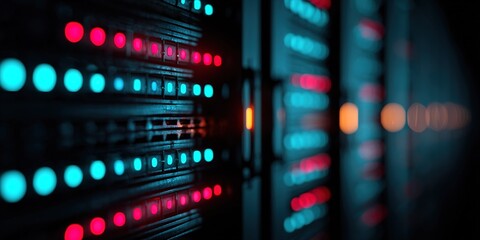 Colorful lights illuminate server racks in a data center at night, showcasing advanced technology and modern infrastructure