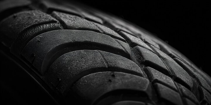 Close-up view of a textured tire showcasing its tread pattern and surface details in a dark setting