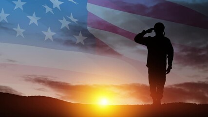 Silhouette of soldier saluting on background of sunset or sunrise and USA flag. Veterans Day, Memorial Day, Independence Day. America celebration. - Powered by Adobe