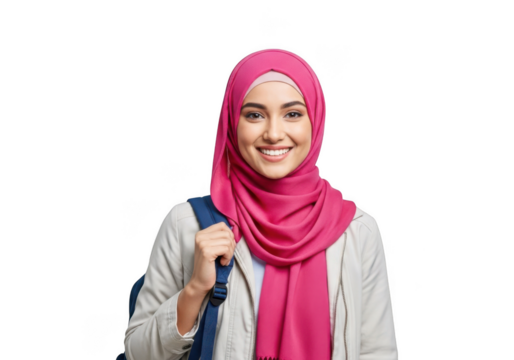 Smiling young woman wearing a vibrant pink hijab and a light colored jacket holding a blue bag isolated on transparent background