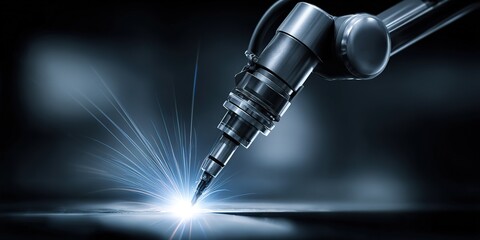 Precision laser cutting tool creating sparks in a dark workshop environment during industrial operations