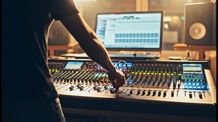 Focused audio professional meticulously fine-tuning sound levels on a high-tech mixing console within a vibrant recording studio setting, crafting music and podcasts