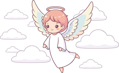 A Delightful Cartoon Illustration of a Sweet Angel Character with Brown Hair and Wings, Gracefully Flying Amidst Fluffy Clouds