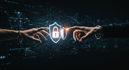 Two hands reaching towards a glowing digital shield with padlock, symbolizing online security and data protection in a futuristic network.