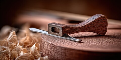 Guitar crafting with a woodworking tool and shavings captured in a workshop setting