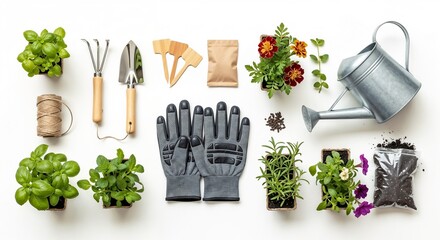 A variety of gardening tools and plants arranged on white, perfect for garden center ads, DIY project guides, and spring season content.