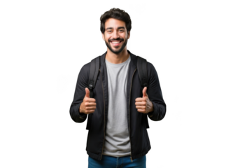 A smiling man with a beard wearing a grey hoodie and jeans gives two thumbs up isolated on transparent background
