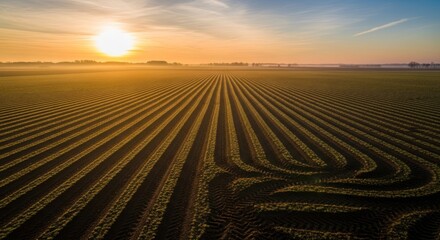 Naklejka premium Aerial view of a perfectly plowed agricultural field at golden sunrise.