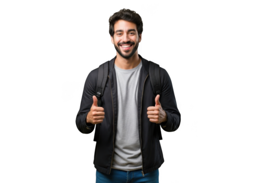 A smiling man with a beard wearing a grey hoodie and jeans gives two thumbs up isolated on transparent background