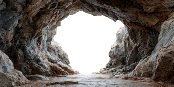 Mysterious Cave Entrance Leading to Luminescent Outside World, Bathed in Natural Light