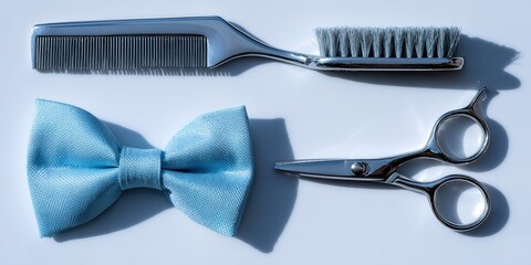 Grooming tools on display with a blue bow tie, comb, scissors, and brush arranged neatly on a white surface