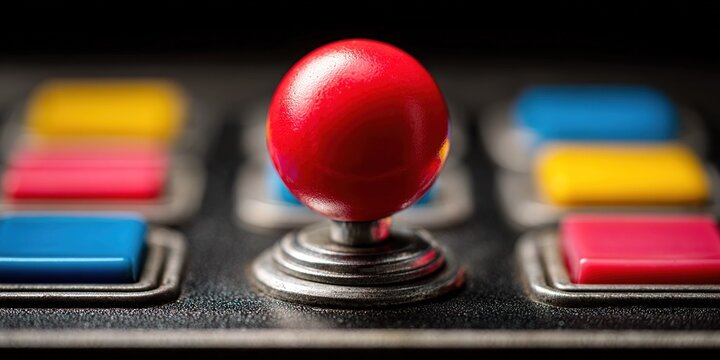 Classic arcade gaming joystick and buttons set against a dark background