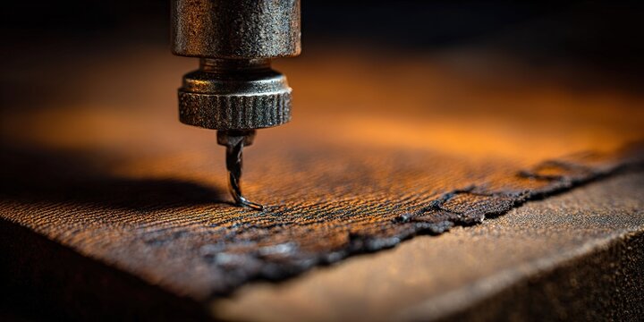 Detailed close-up of a sewing machine needle sewing leather material in a cozy workshop setting