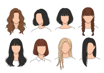 Set of eight diverse female hairstyles illustrated with clean lines and a neutral color palette.