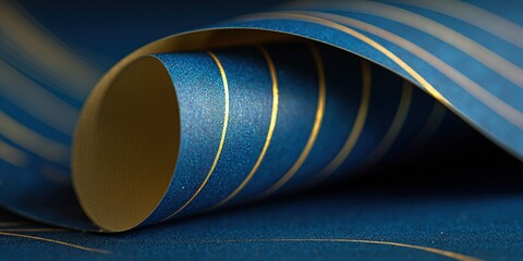Colorful blue and gold striped wrapping paper rolls on a table for gift wrapping
